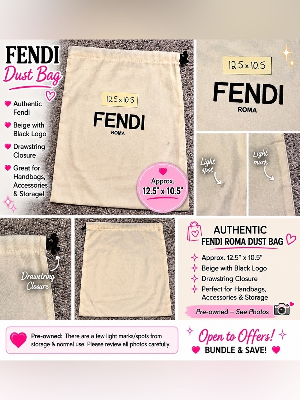 Fendi Roma Dust Bag 12.5” x 10.5” Beige Drawstring Storage Bag
